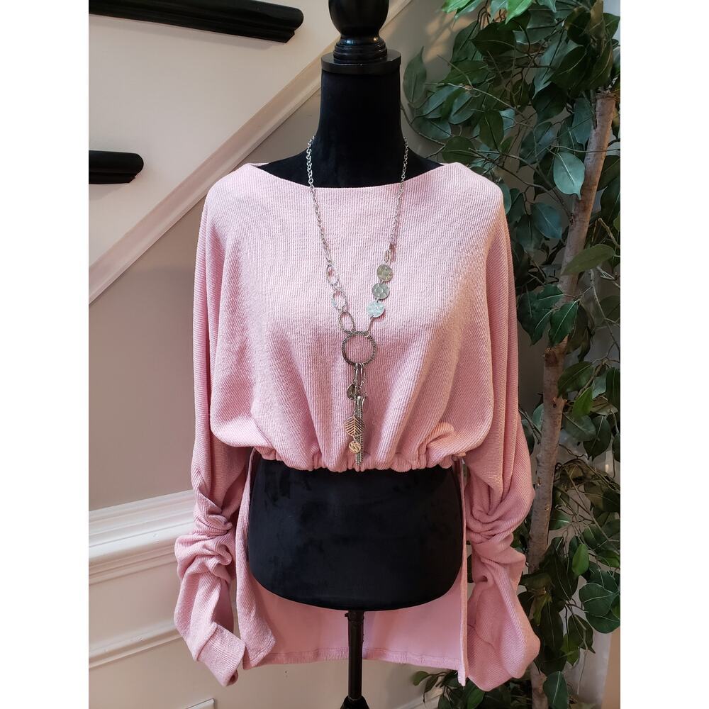 Balkan Sweater Womens Large Pink Knitted High Low Bow Back Boat Neck Pullover